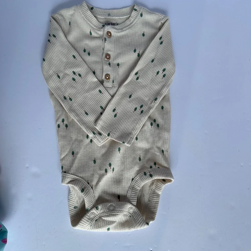 Carter's 12M Baby Outfit Waffle Knit Set Cream Green‎ Tree Print Pants Top